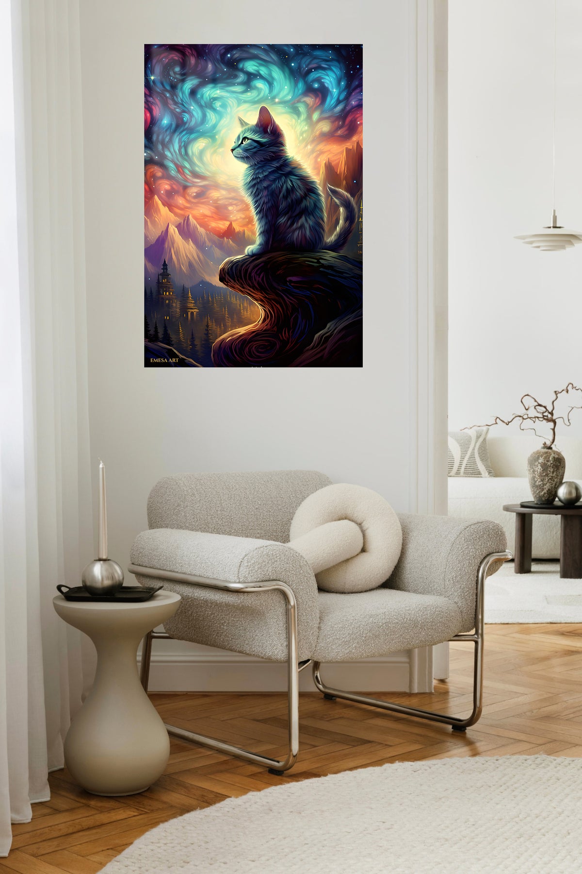 Lion at Golden Sunset metal wall art displayed in a contemporary living space