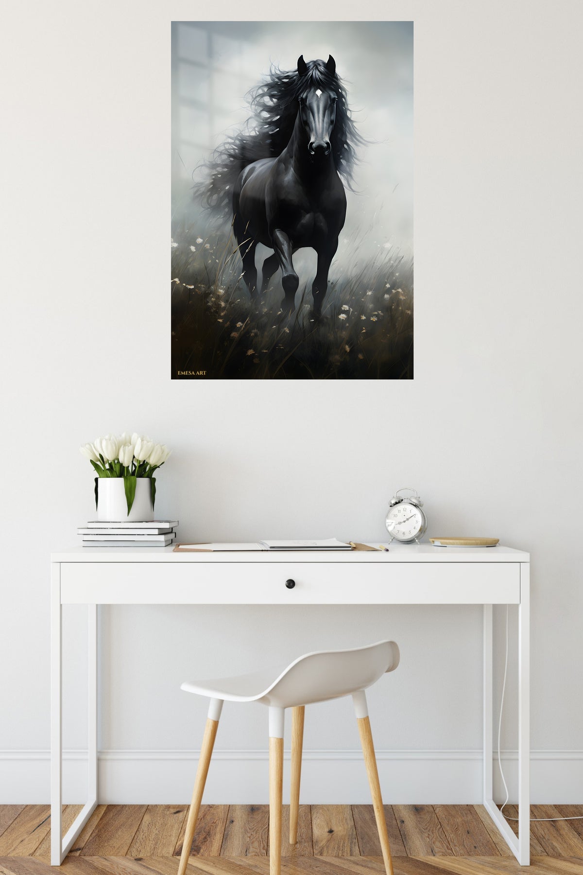 Polar Bear at Golden Dawn metal wall art displayed in a contemporary living space