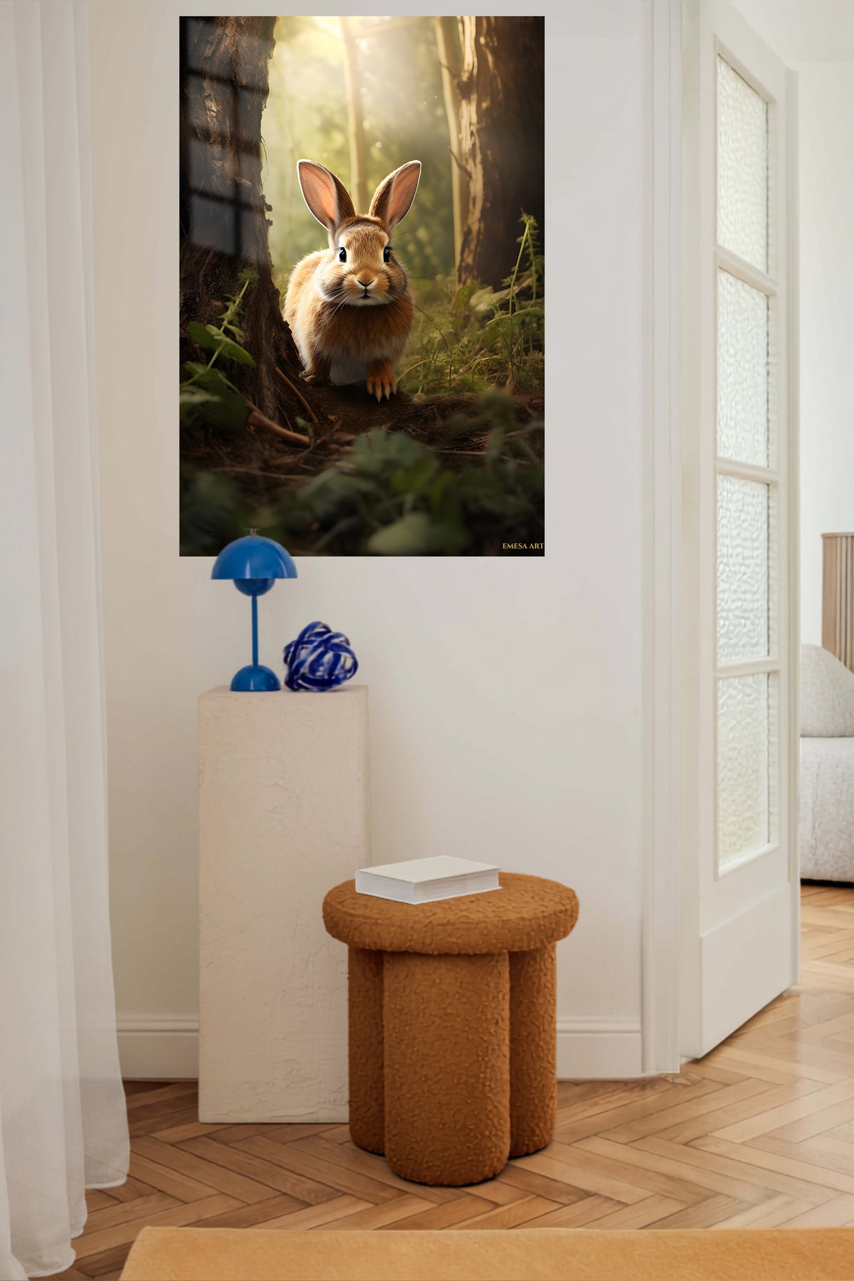 White Horse in a Sunlit Meadow metal wall art displayed in a contemporary living space
