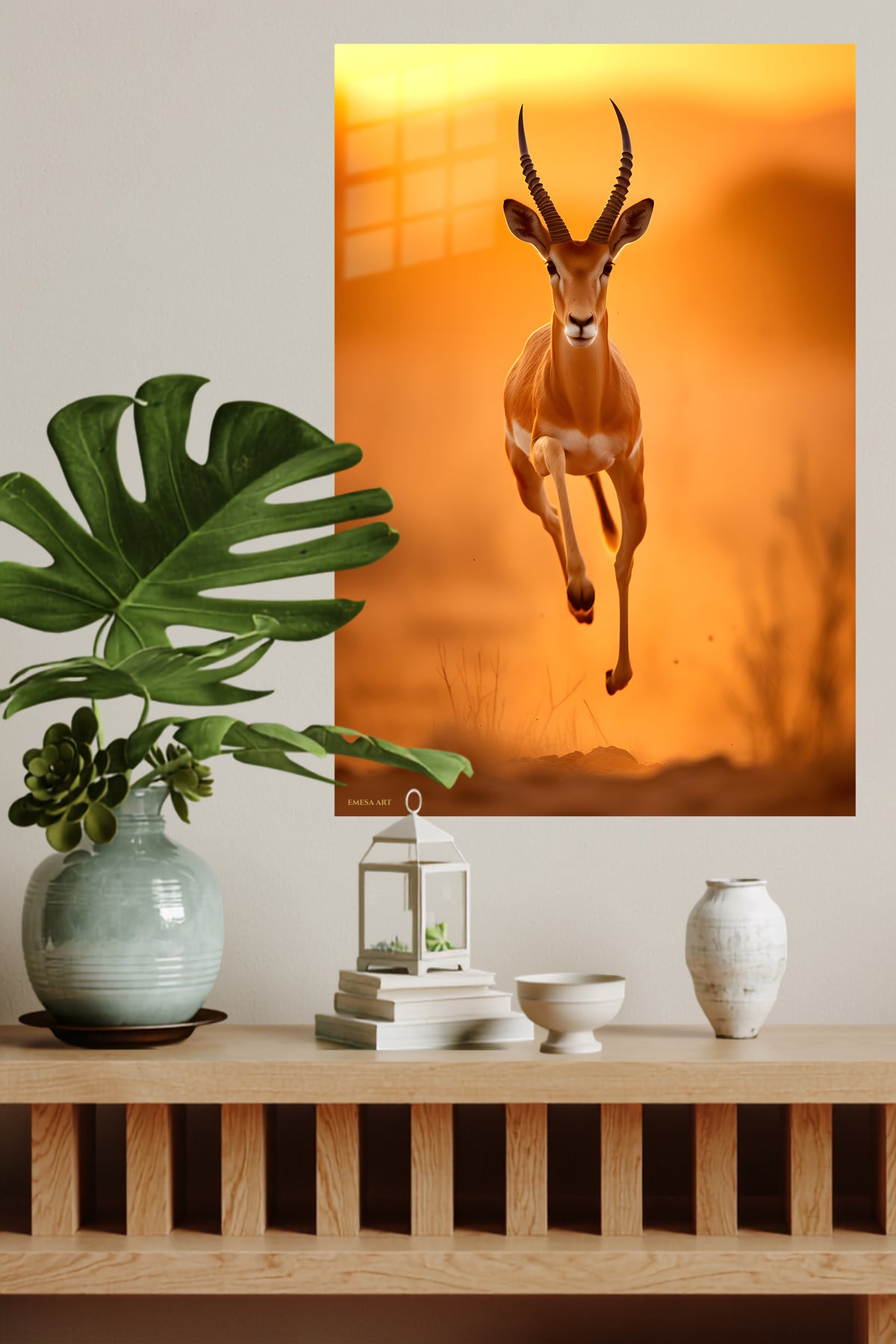 Sunlit Forest Rabbit metal wall art displayed in a modern interior