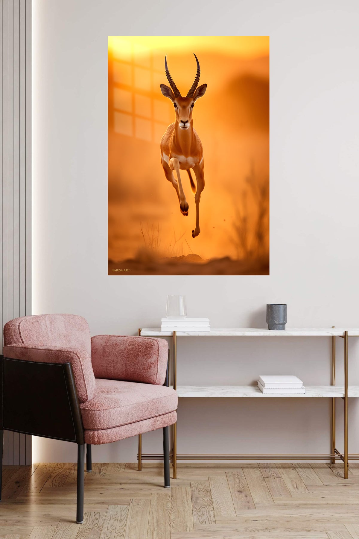 Sunlit Forest Rabbit metal wall art displayed in a contemporary living space