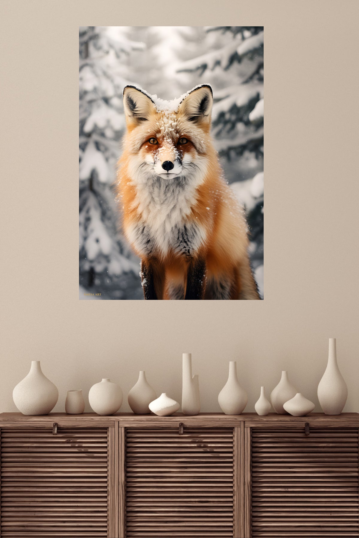 Waving Raccoon in Forest Stream metal wall art displayed in a modern interior