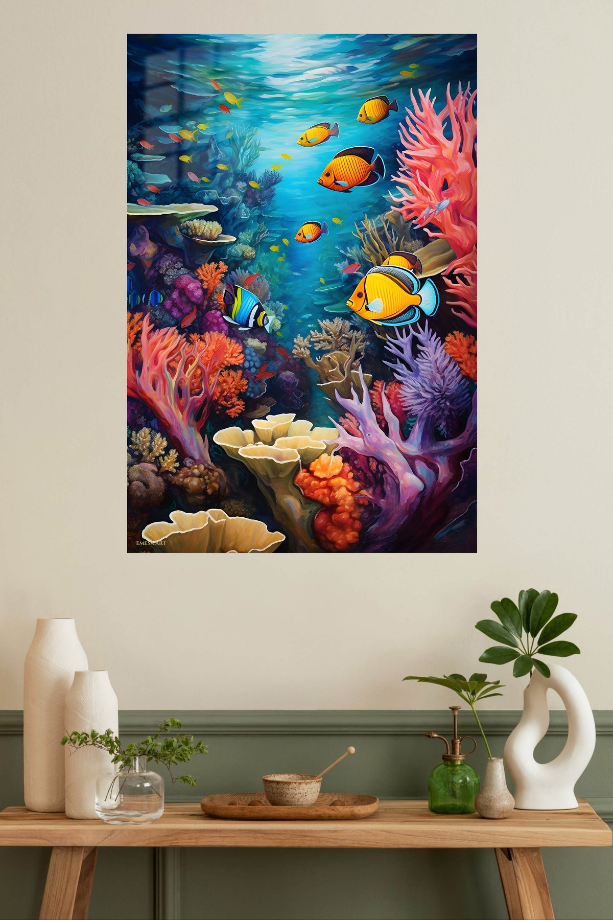 Sunlit Sea Turtle Reef metal wall art displayed in a modern interior