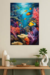 Sunlit Sea Turtle Reef metal wall art displayed in a modern interior