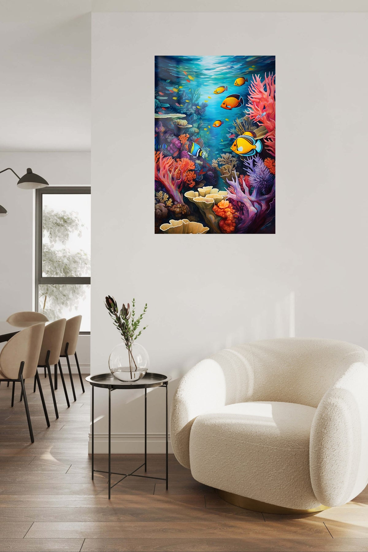 Sunlit Sea Turtle Reef metal wall art displayed in a contemporary living space