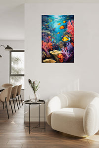 Sunlit Sea Turtle Reef metal wall art displayed in a contemporary living space