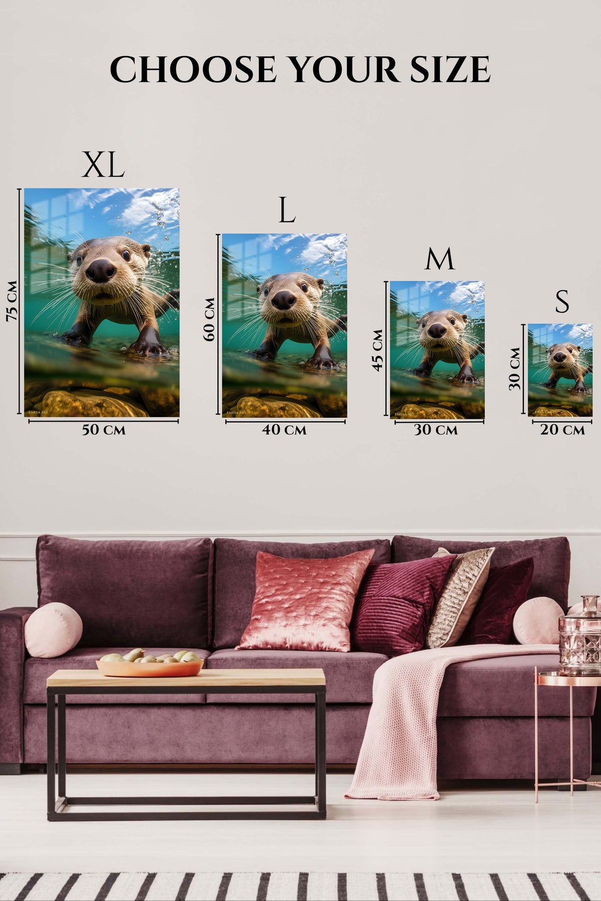EMESA metal wall art size comparison guide for Curious Otter Underwater