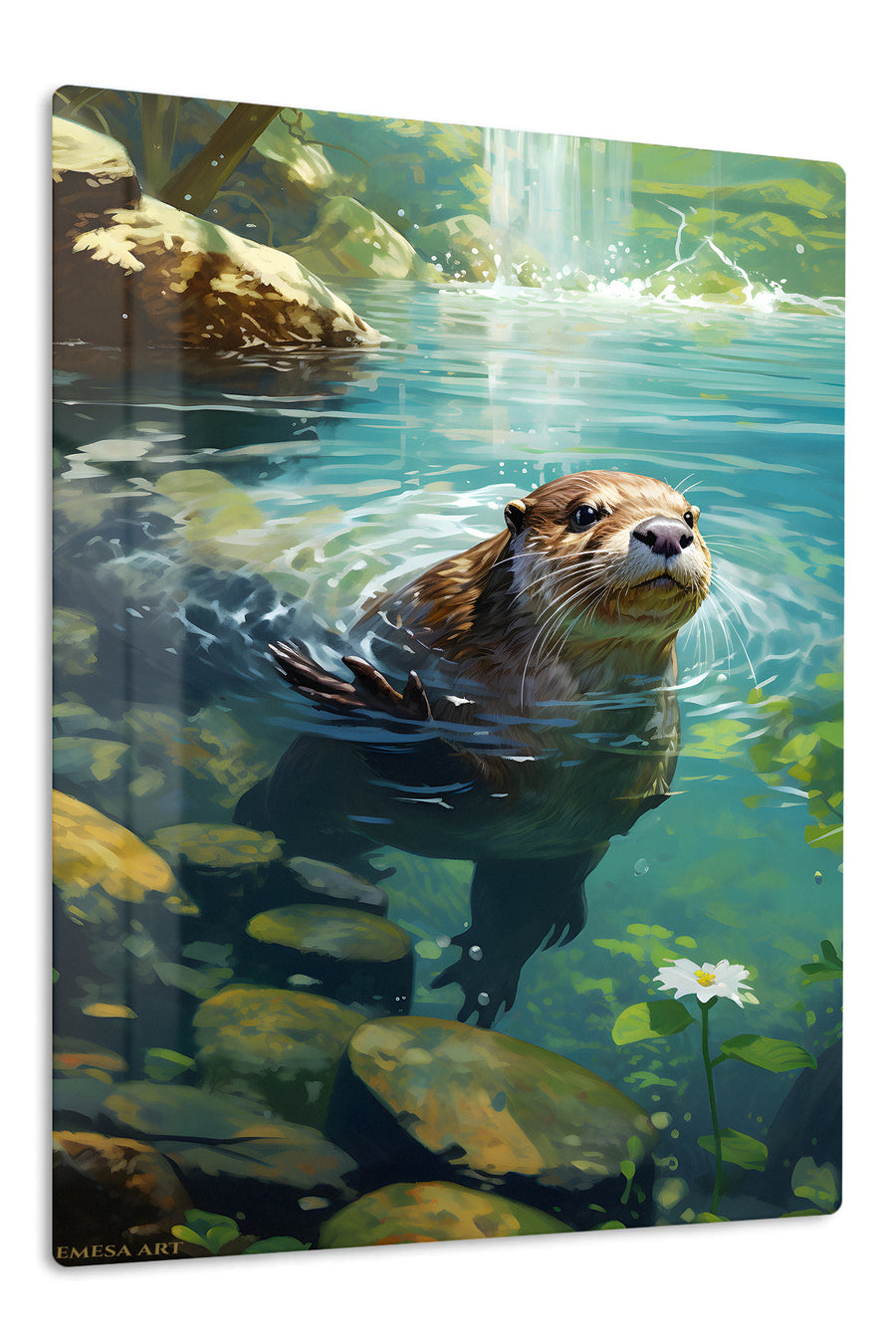 Sunlit River Otter premium metal wall art – front view