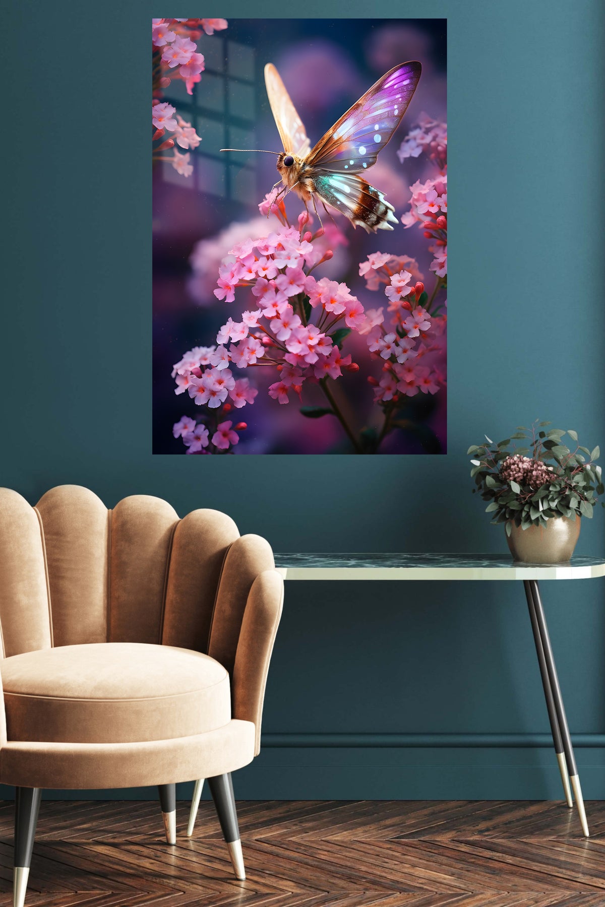 Penguins on a Sunlit Ice Floe metal wall art displayed in a contemporary living space