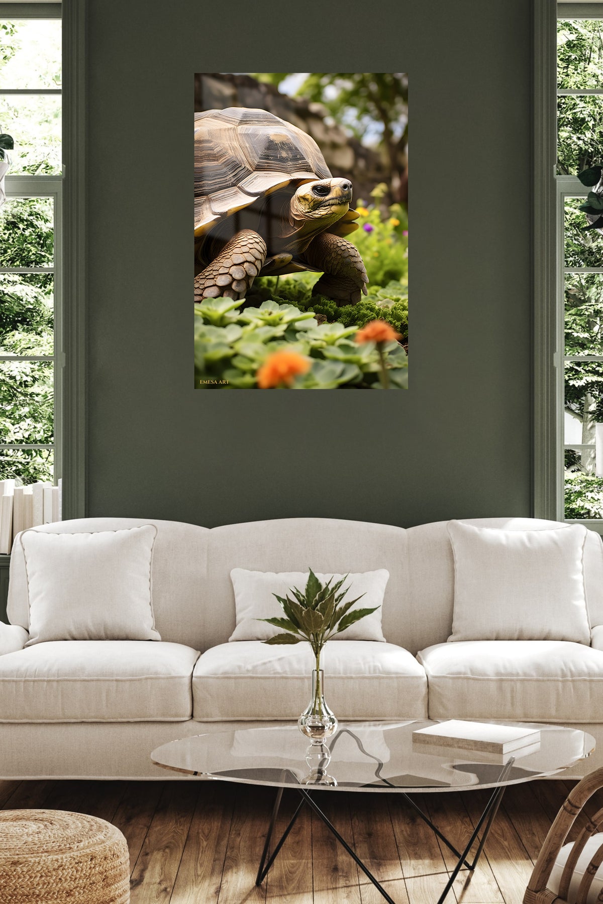 Golden Dogs at Sunset metal wall art displayed in a contemporary living space