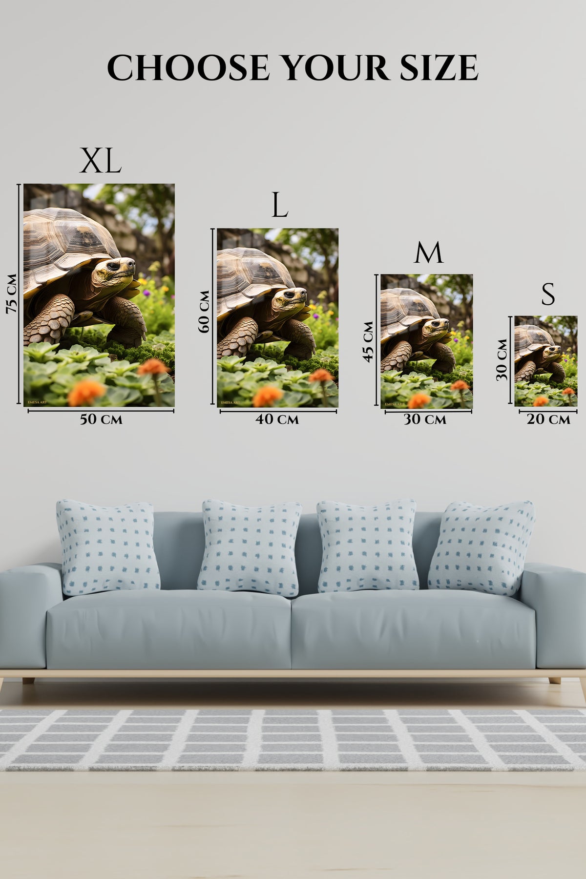 EMESA metal wall art size comparison guide for Golden Dogs at Sunset