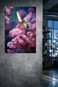 Luminous Butterfly Among Pink Blossoms metal wall art displayed in a modern interior