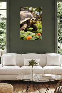Tortoise in a Sunlit Garden metal wall art displayed in a contemporary living space