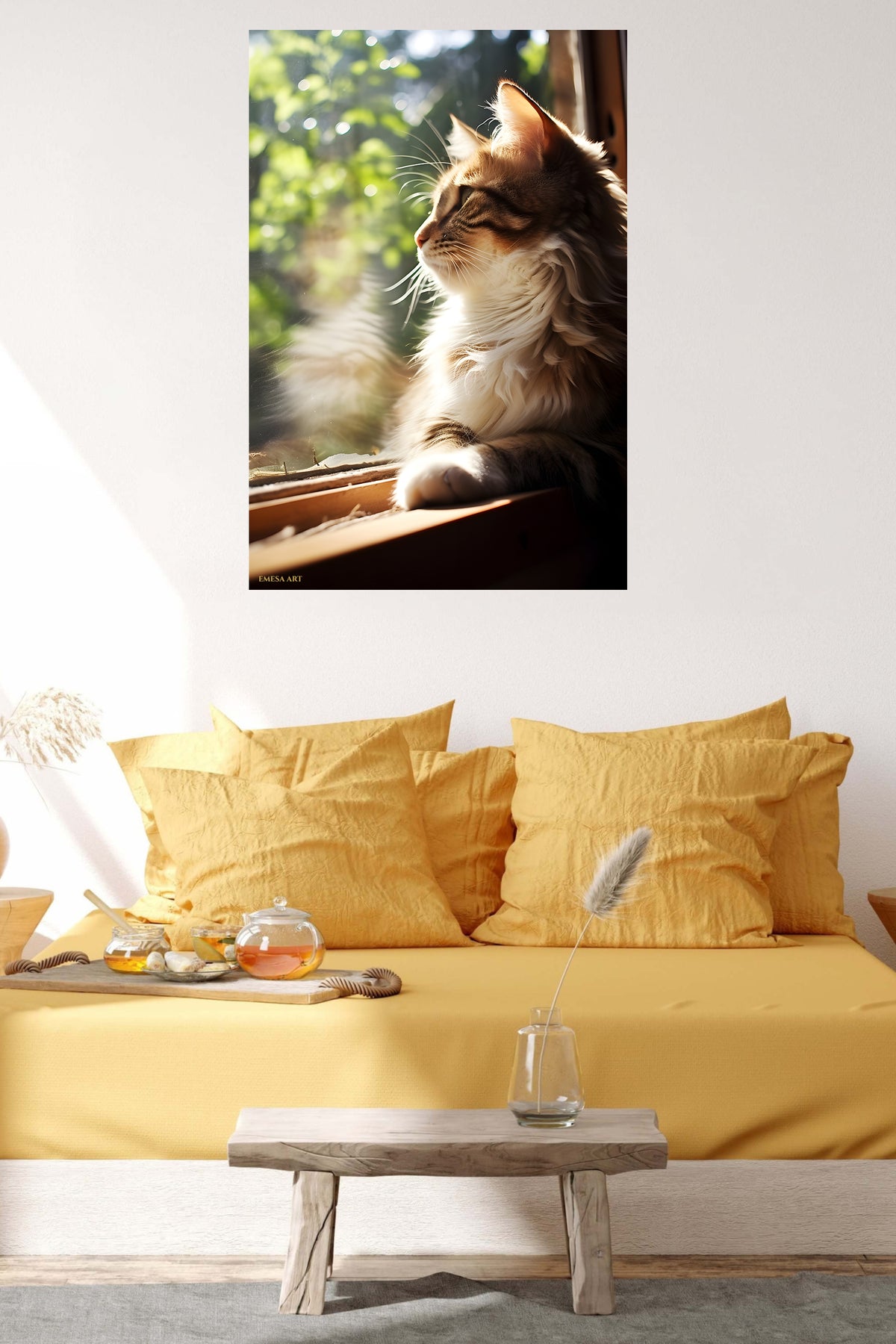 Sunlit Forest Bunny metal wall art displayed in a contemporary living space