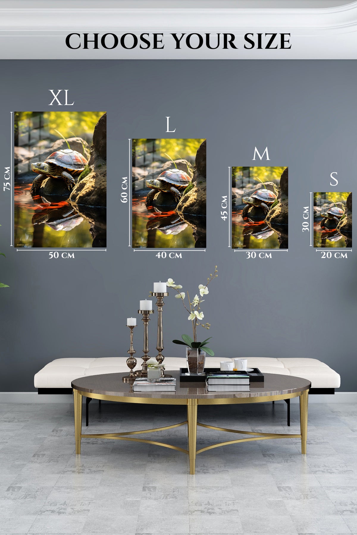 EMESA metal wall art size comparison guide for Sunlit Turtle Reflection
