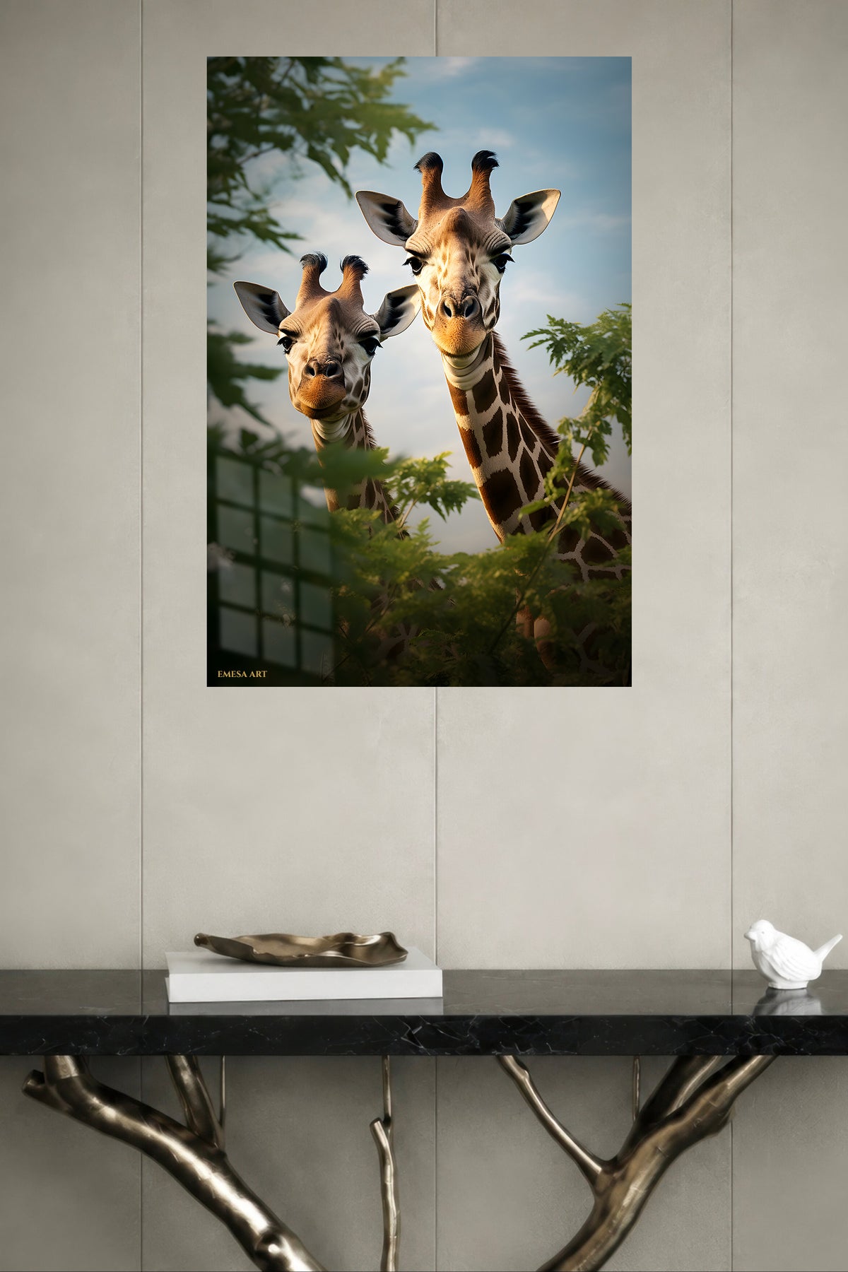 Curious Giraffe Pair metal wall art displayed in a modern interior