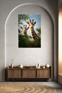 Curious Giraffe Pair metal wall art displayed in a contemporary living space