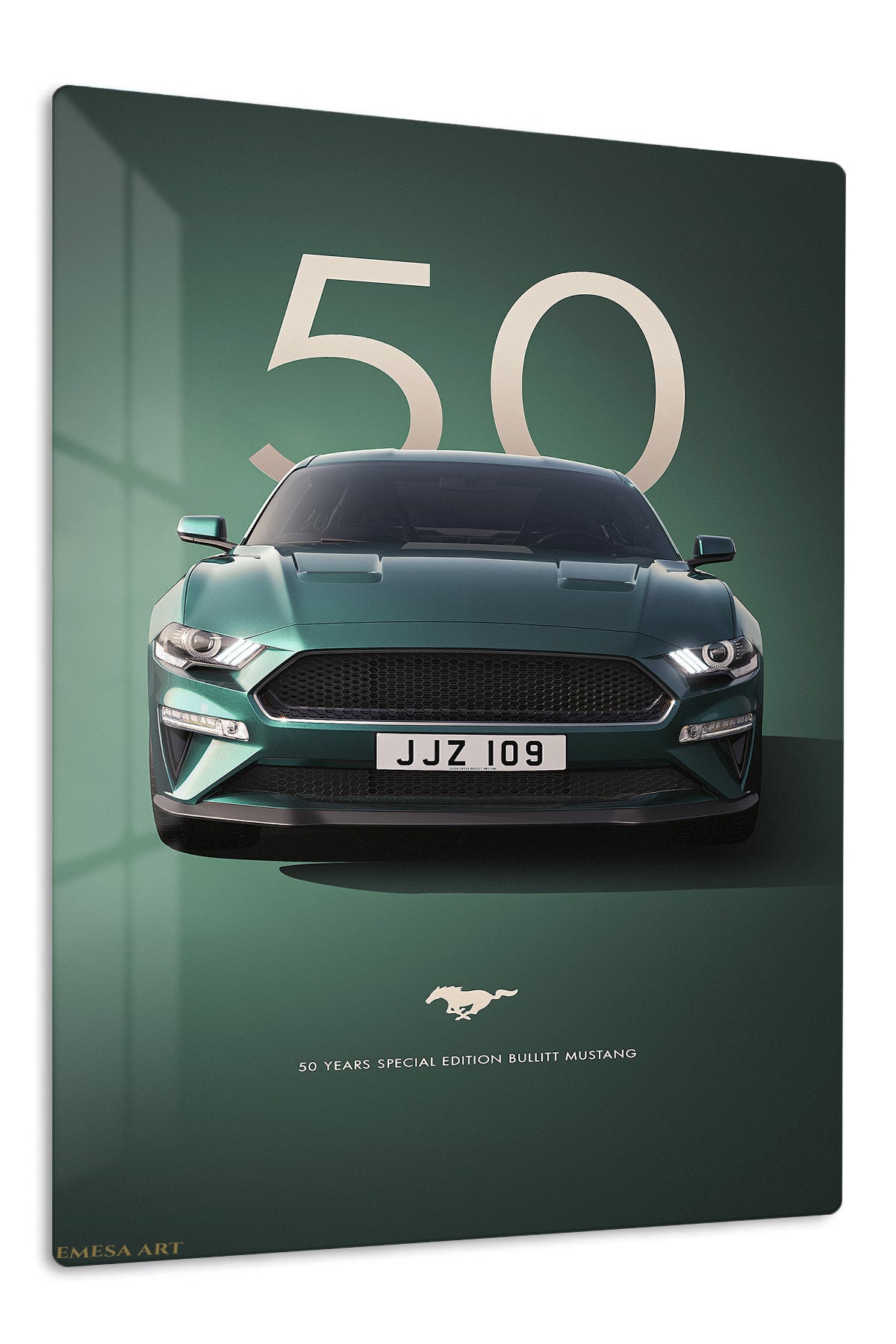 Green Ford Mustang front-view automotive wall art with number 50