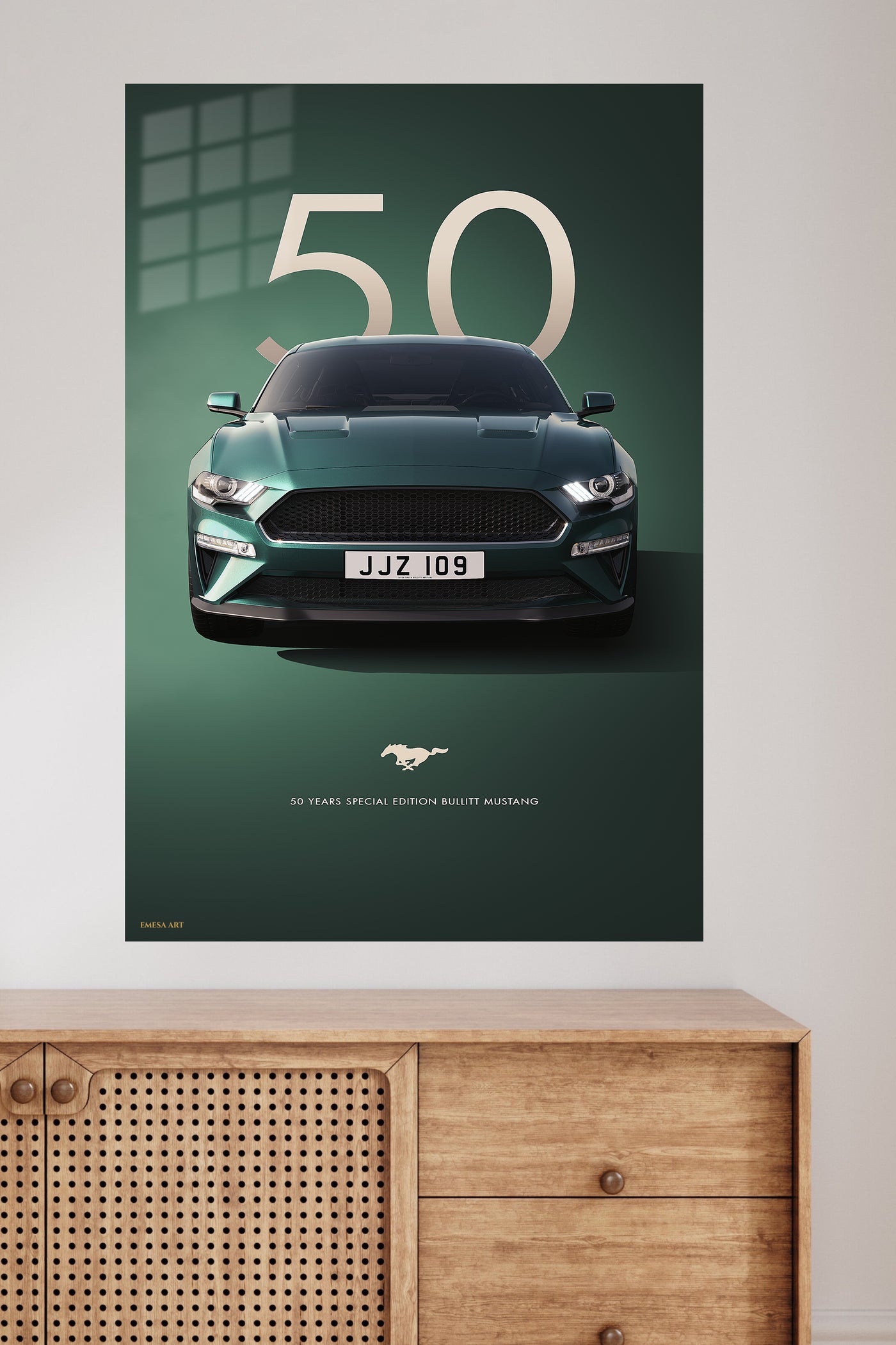 Green Ford Mustang front-view automotive wall art with number 50