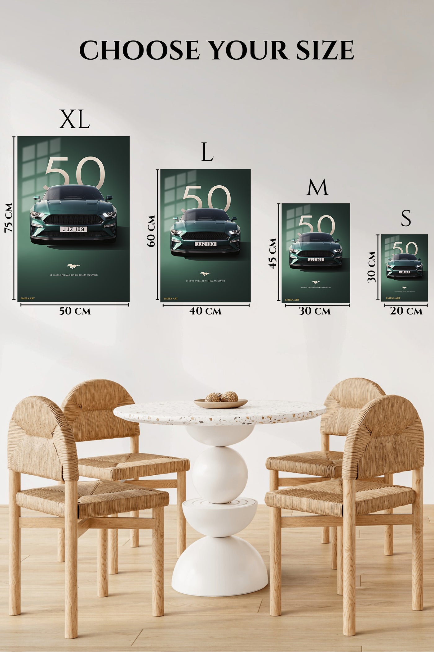 Green Ford Mustang front-view automotive wall art with number 50