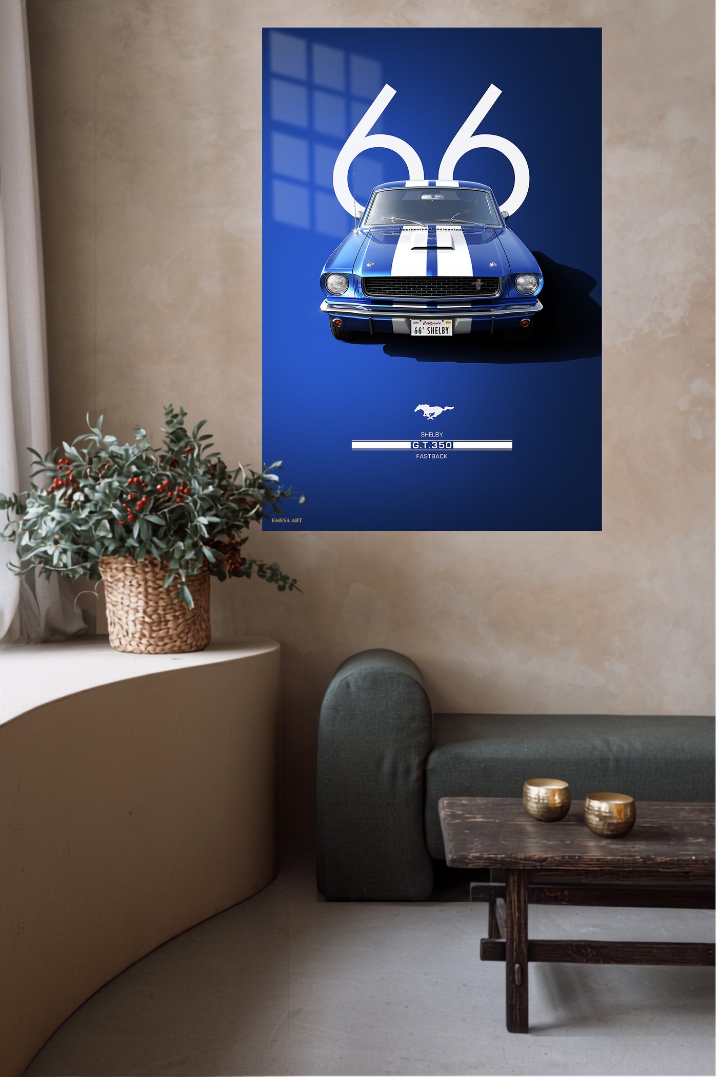 1966 blue Ford Mustang with white racing stripes wall art