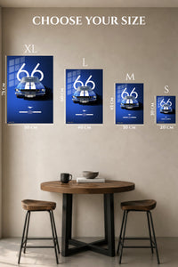 1966 blue Ford Mustang with white racing stripes wall art