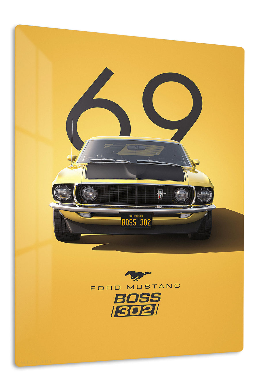 1969 Yellow Mustang Boss 302 premium metal wall art – front view