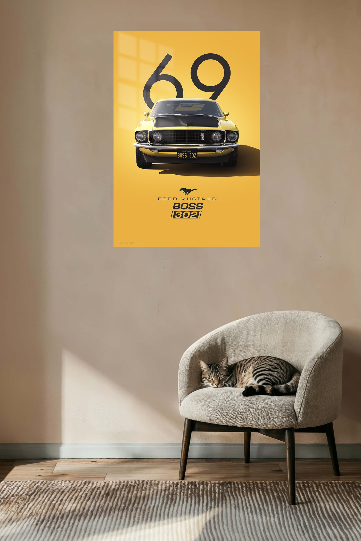 1969 yellow Ford Mustang Boss 302 front-view wall art