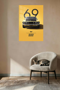 1969 yellow Ford Mustang Boss 302 front-view wall art