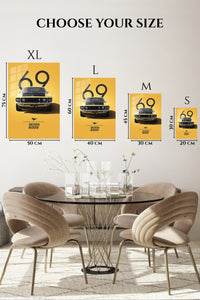 1969 yellow Ford Mustang Boss 302 front-view wall art