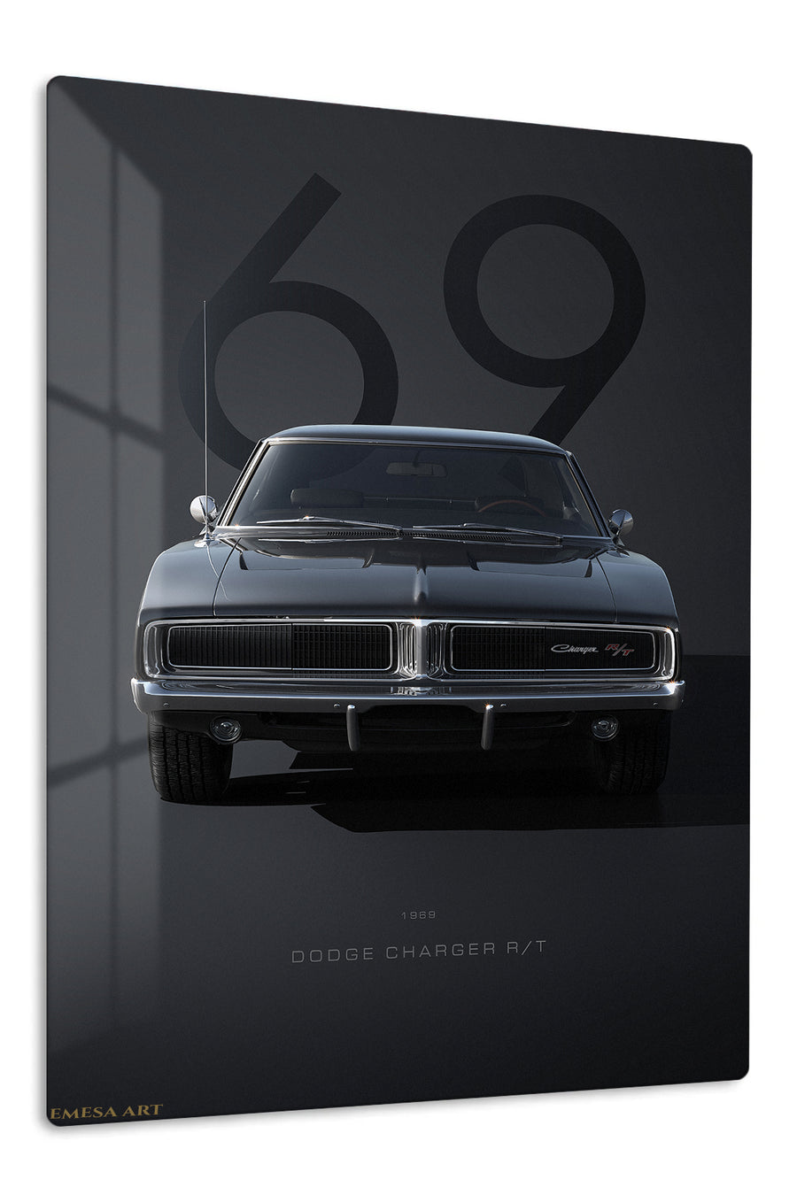 1969 Black Dodge Charger R/T premium metal wall art – front view