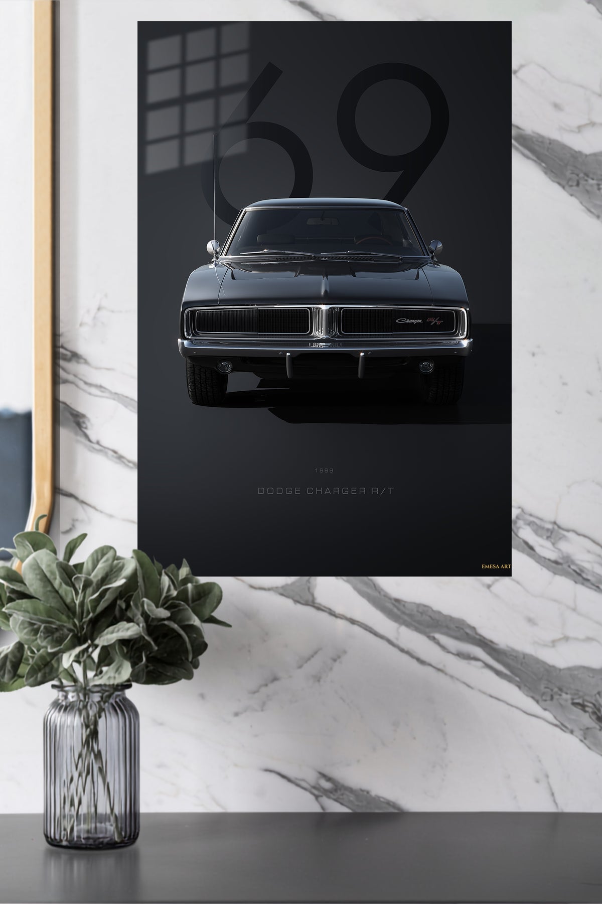Black 1969 classic American muscle car front-view wall art