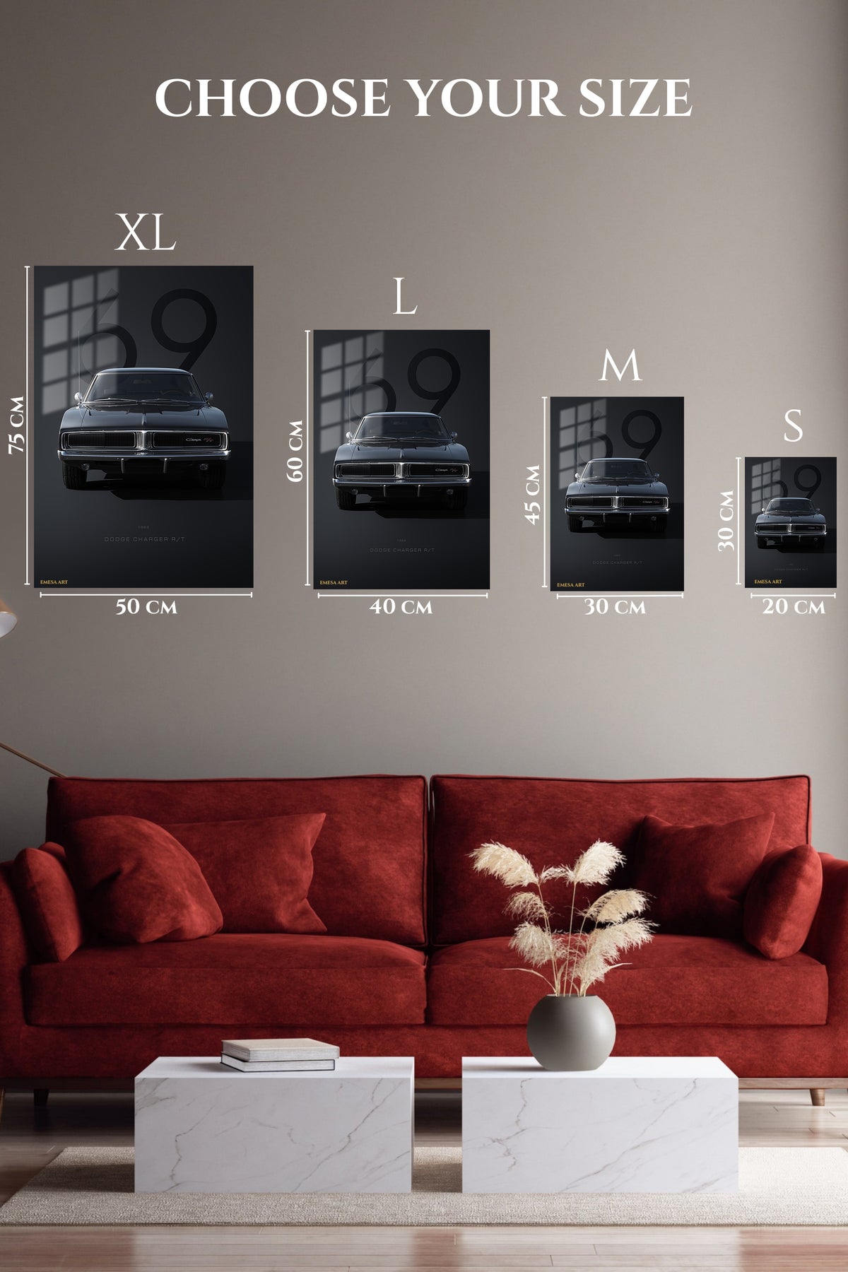 Black 1969 classic American muscle car front-view wall art