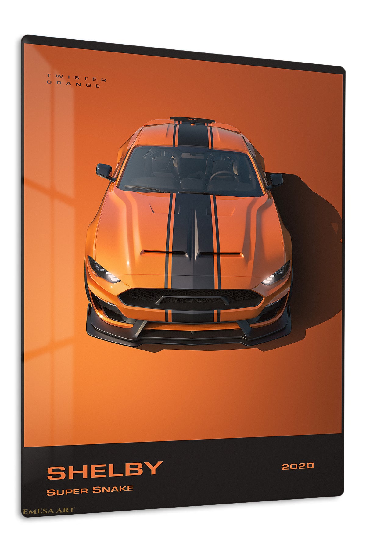 Orange Shelby Mustang with black racing stripes wall art