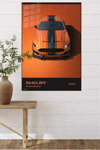 Orange Shelby Mustang with black racing stripes wall art
