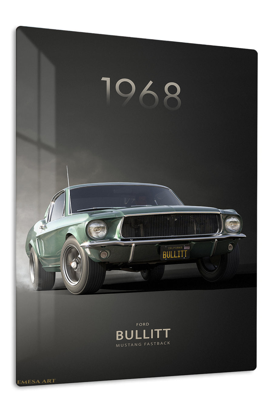 1968 Green Ford Mustang Bullitt premium metal wall art – front view