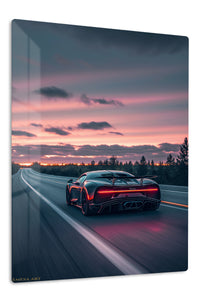 Black supercar driving on a road at sunset automotive wall art