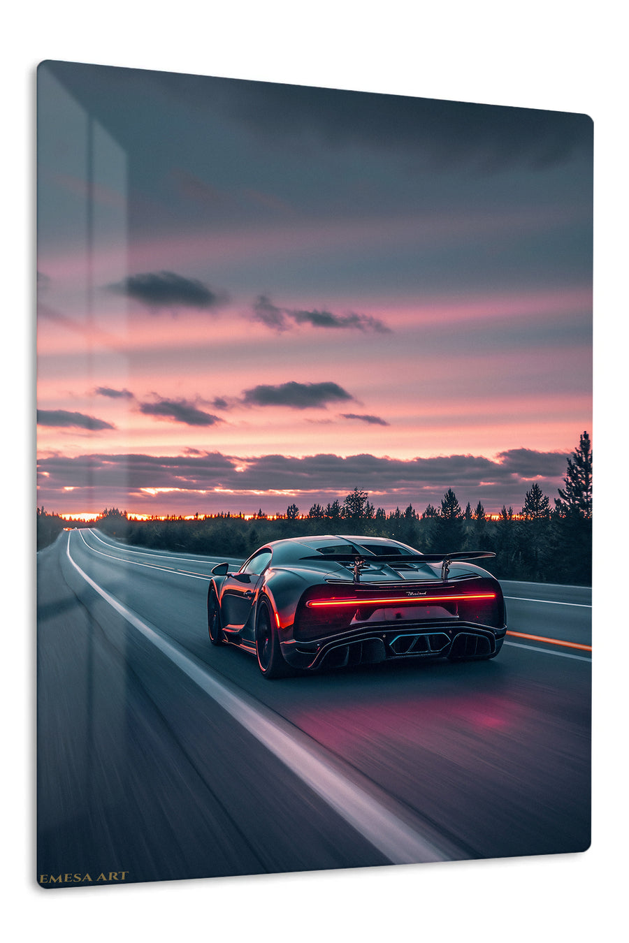 Neon Supercar Sunset Drive premium metal wall art – front view