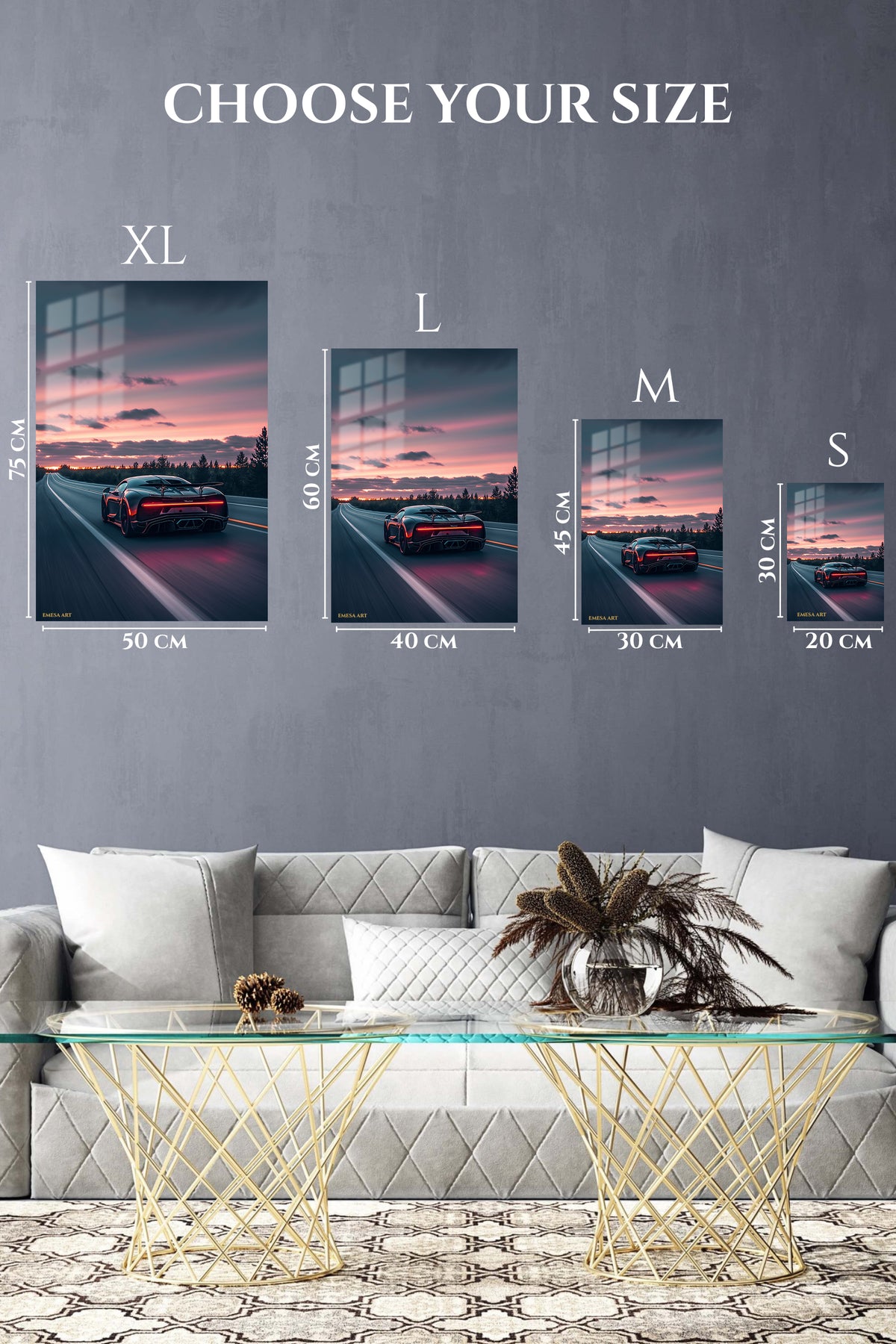 Black supercar driving on a road at sunset automotive wall art