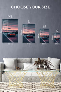 Black supercar driving on a road at sunset automotive wall art