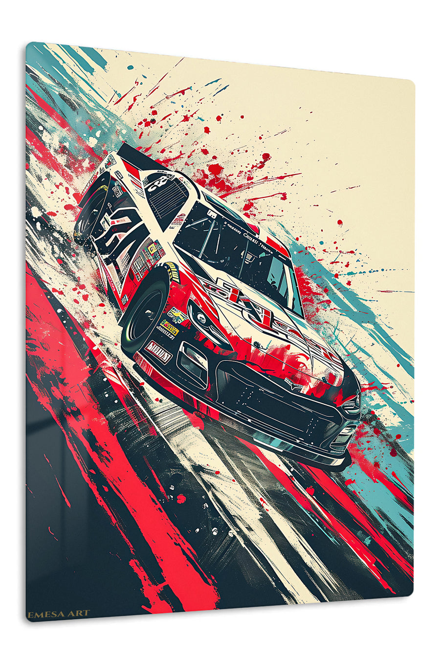 Red White Stock Car Splash premium metal wall art – front view