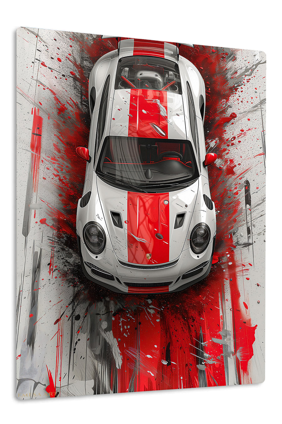 Red Stripe Sports Car Top View premium metal wall art – front view
