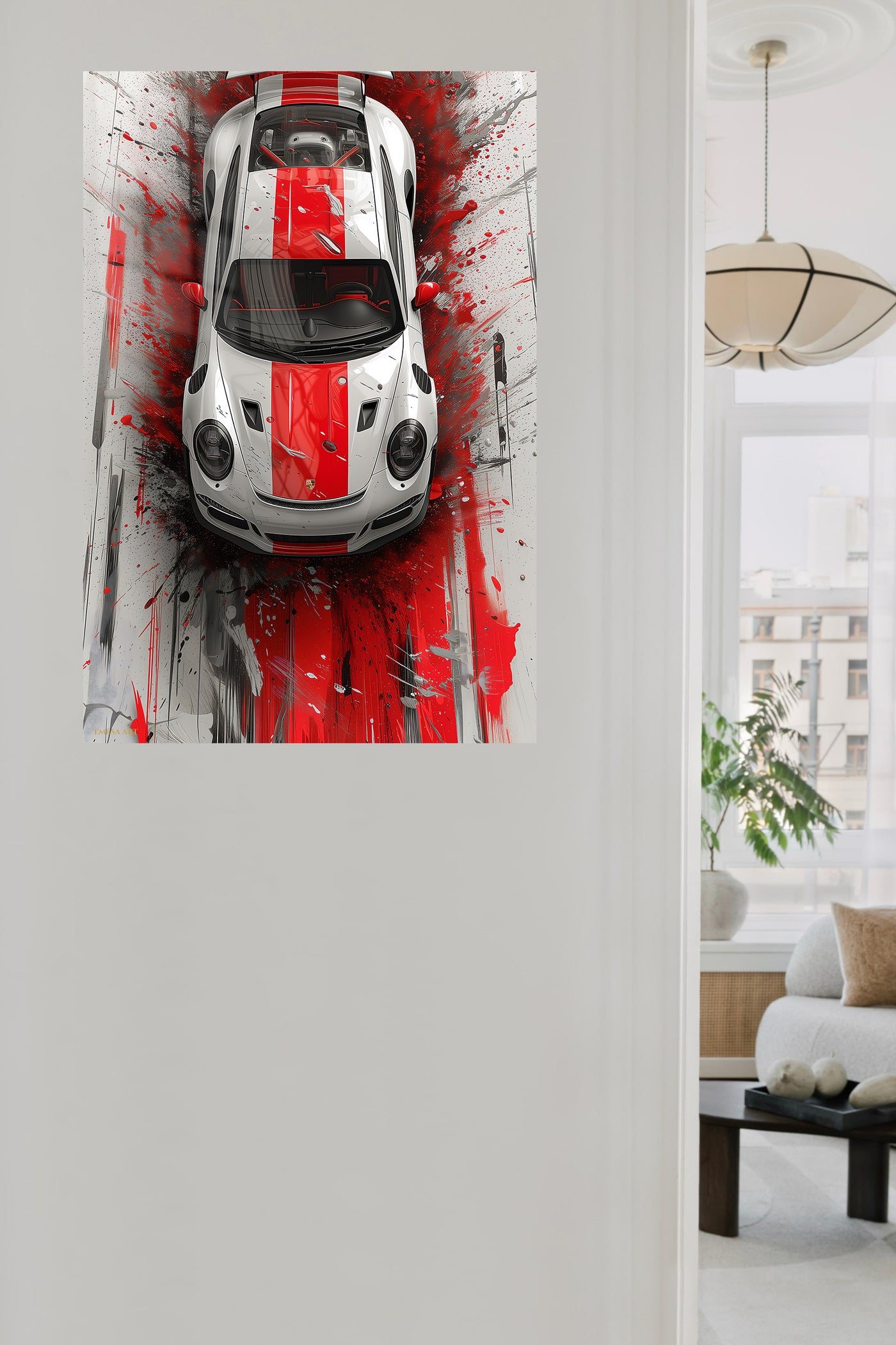White sports car with red center stripe top-view wall art
