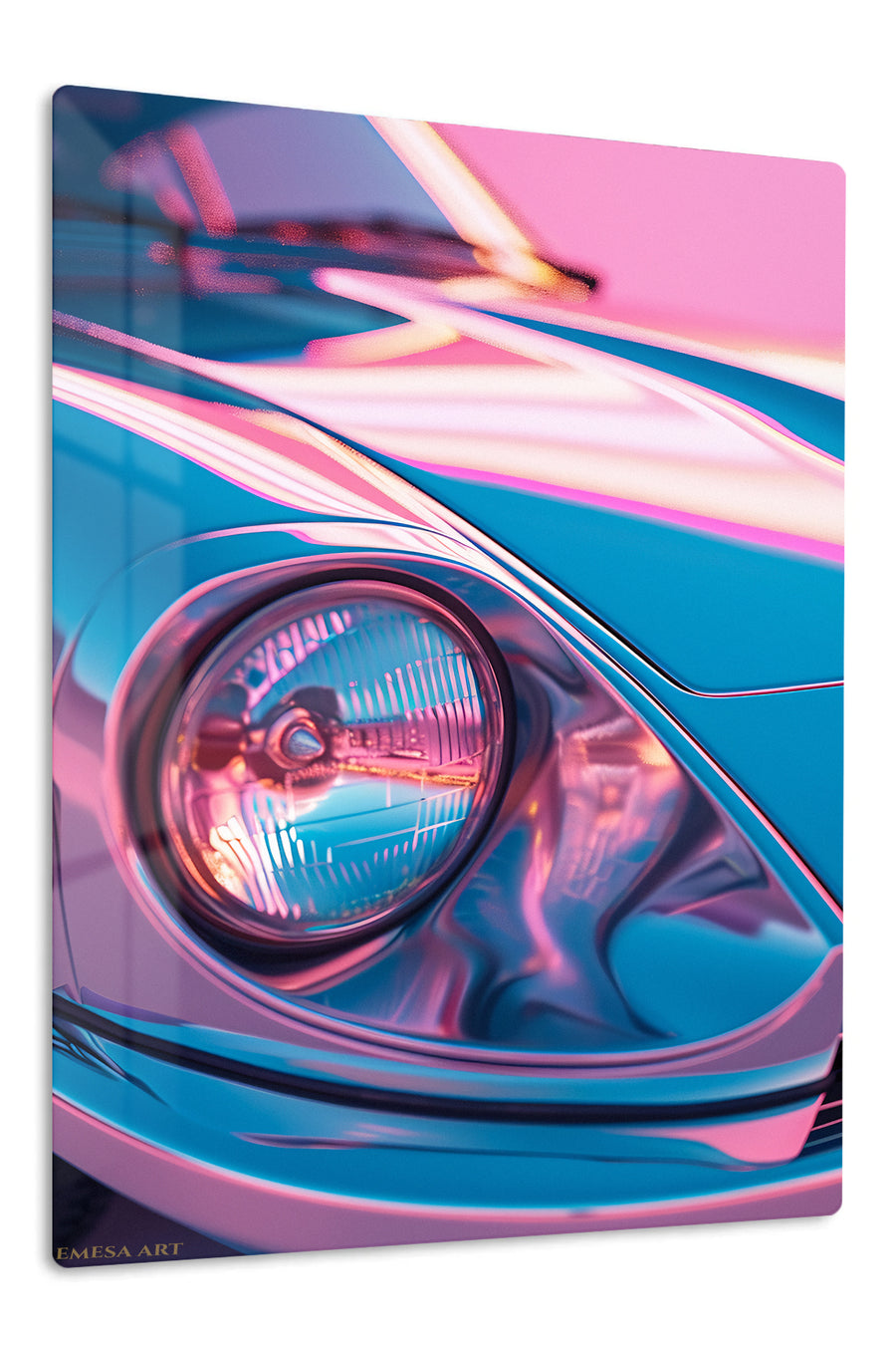 Neon Classic Sports Car Headlight premium metal wall art – front view