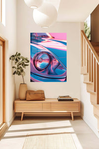 Neon blue and pink classic sports car headlight close-up wall art