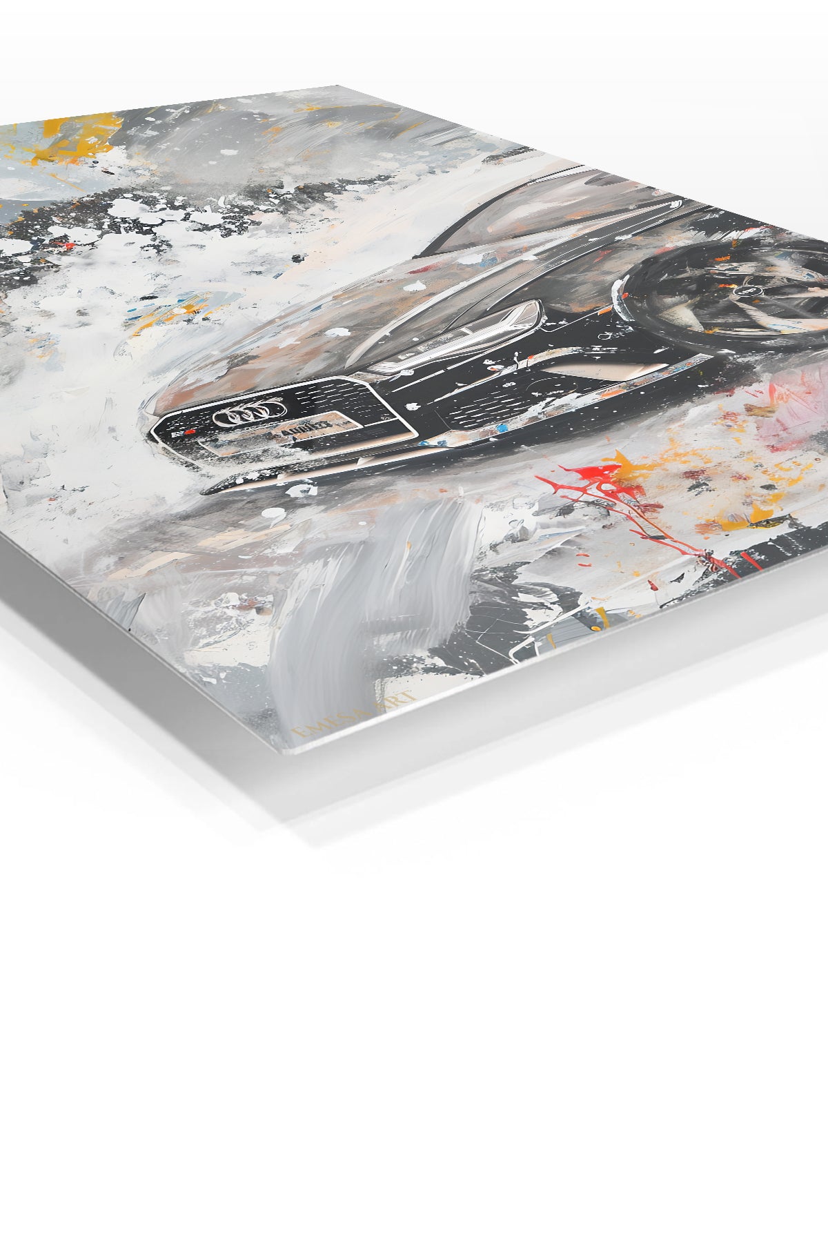 Black sports car emerging through white and gray abstract paint wall art