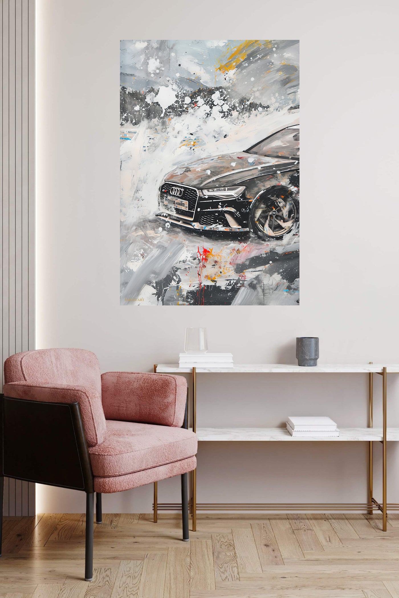 Black sports car emerging through white and gray abstract paint wall art