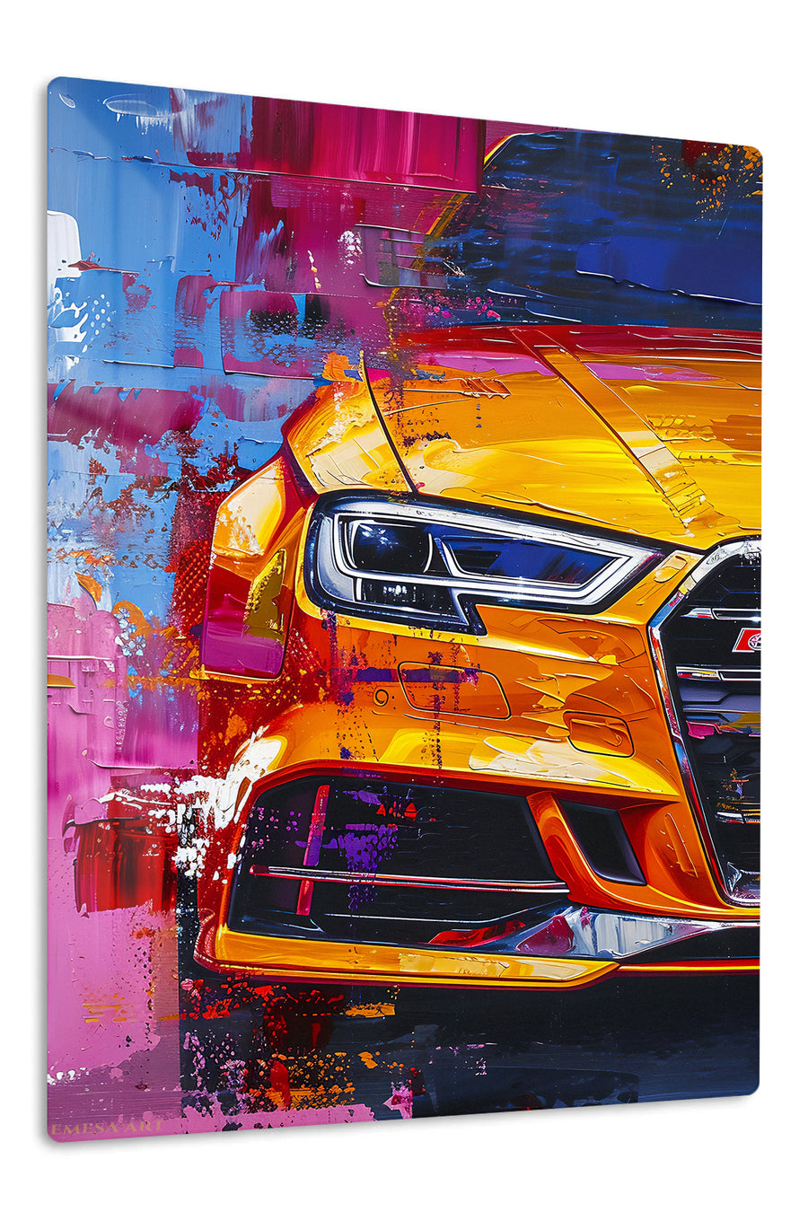 Orange Performance Coupe Pop Art premium metal wall art – front view