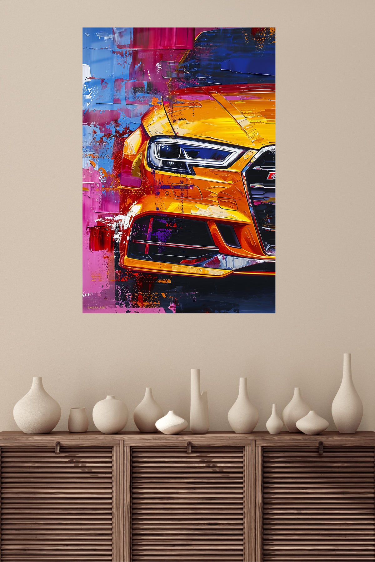 Orange Ford Mustang front close-up abstract automotive wall art