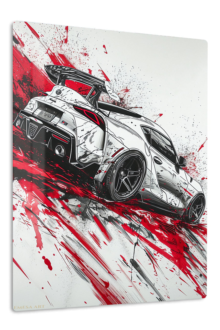 White Rally Hatchback Motion premium metal wall art – front view